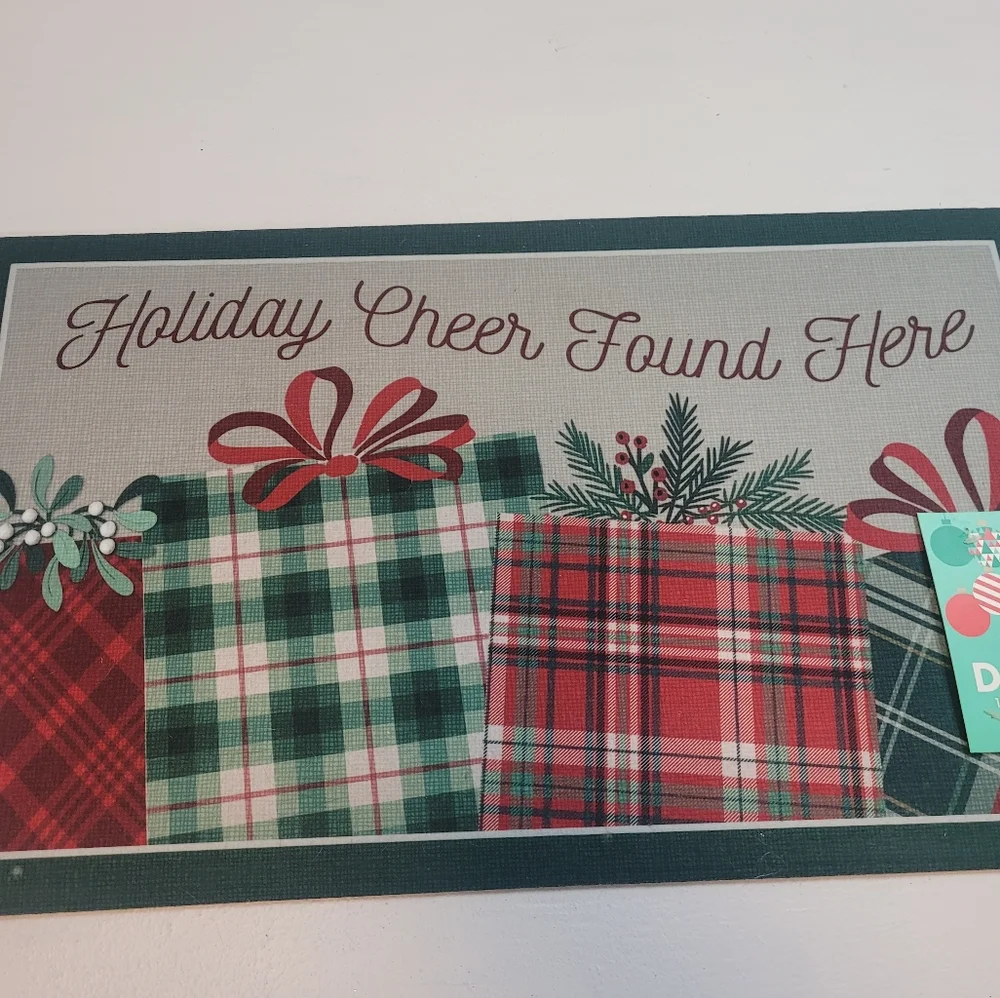 Festive Holiday Doormat with Plaid Gift Design